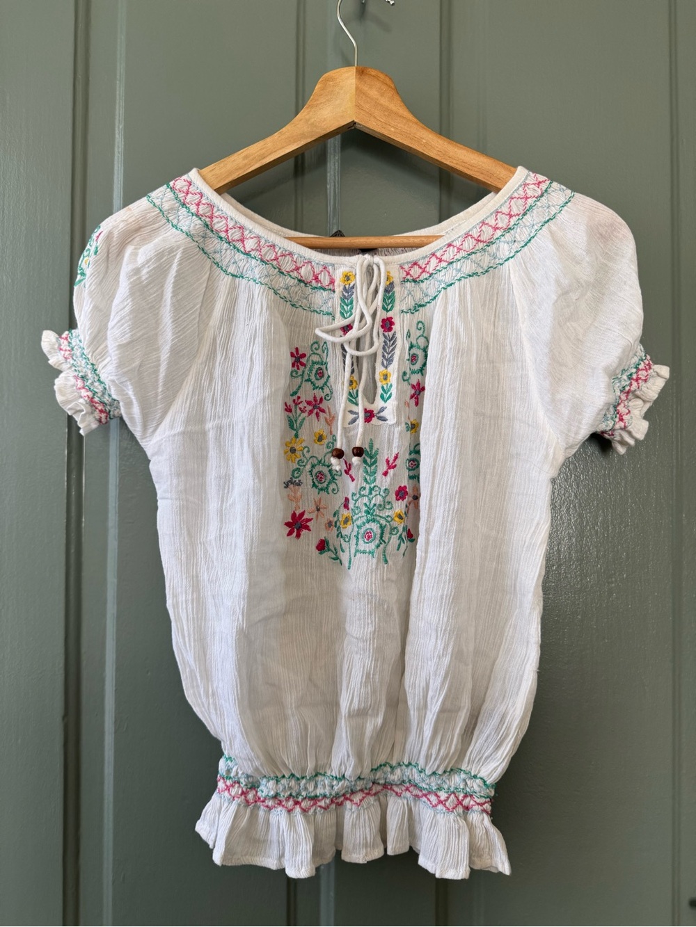 Embroidered White Peasant Blouse with Multicolor Floral Detail